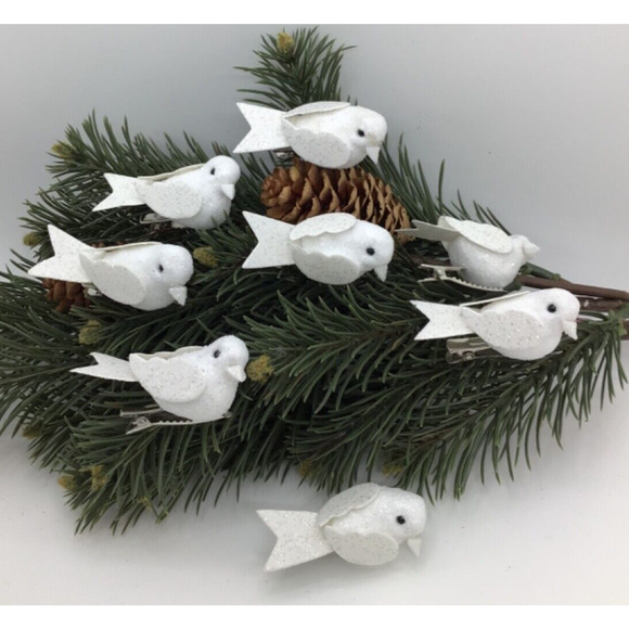 Songbird Ornaments Mini Tree Clip on Set 8 White Christmas White Glitter - Picture 1 of 7